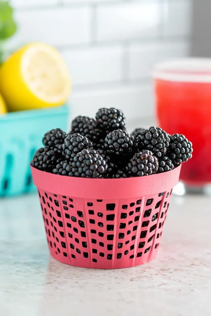 Blackberry Lemonade Recipe: Easy 4-Ingredient Summer Drink 5 Fresh blackberries in a turquoise basket on a kitchen counter with lemonade in background