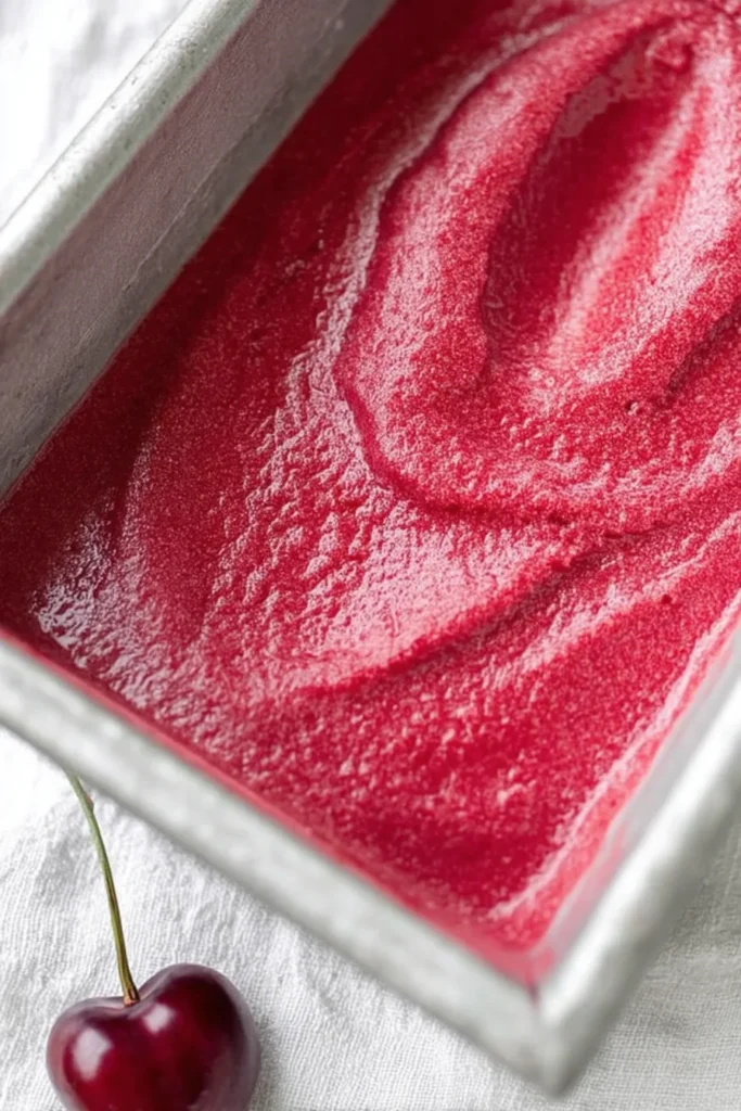 Fresh cherry sorbet in a metal loaf pan with a whole cherry on a white cloth