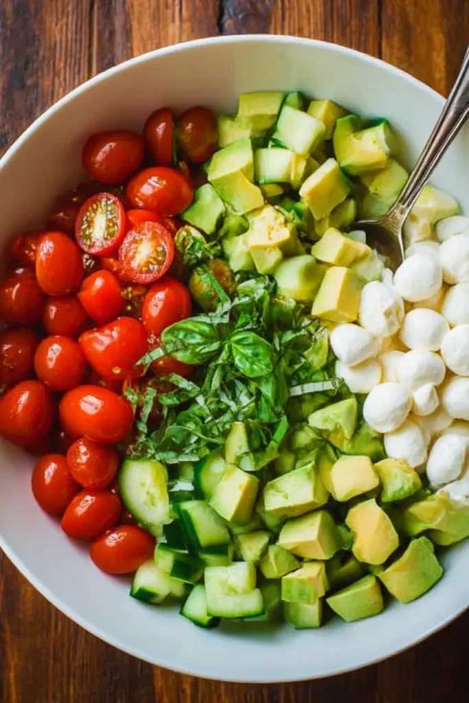 Tomato Cucumber Mozzarella Salad – A Refreshing Summer Delight 5 Overhead view of freshly chopped tomato cucumber mozzarella salad ingredients in a white bowl including cherry tomatoes, diced cucumber, mozzarella pearls, avocado cubes, and sliced basil on rustic wooden table