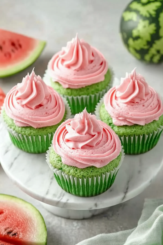 Delicious Fluffy Watermelon Cupcakes Recipe for Summer Fun 6 Four fluffy watermelon cupcakes with bright green bases and pastel pink rosette frosting on a white marble cake stand surrounded by fresh watermelon slices.