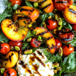 Grilled peach salad with burrata, cherry tomatoes, pistachios, and herbs on a ceramic platter