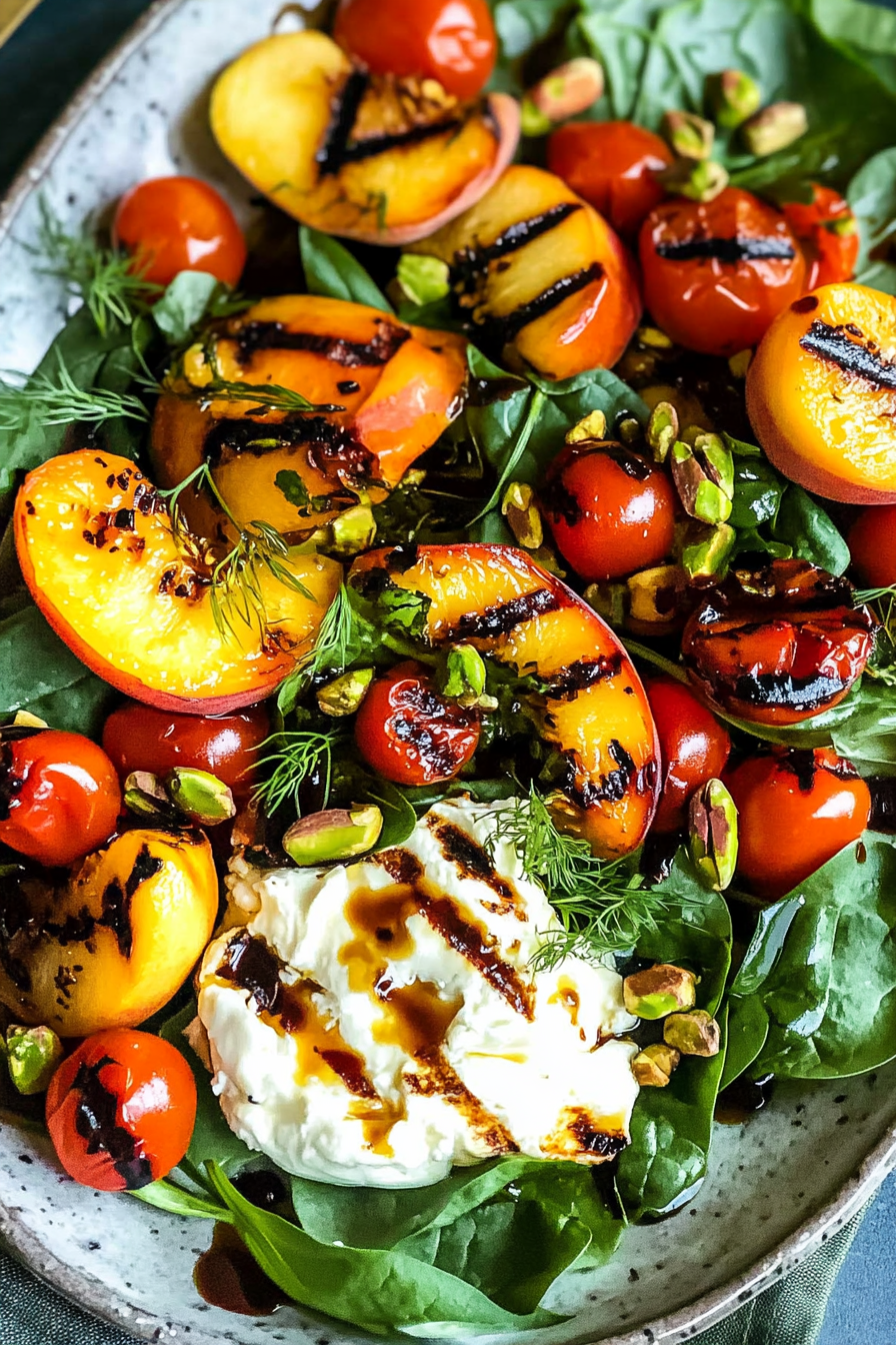 Grilled peach salad with burrata, cherry tomatoes, pistachios, and herbs on a ceramic platter