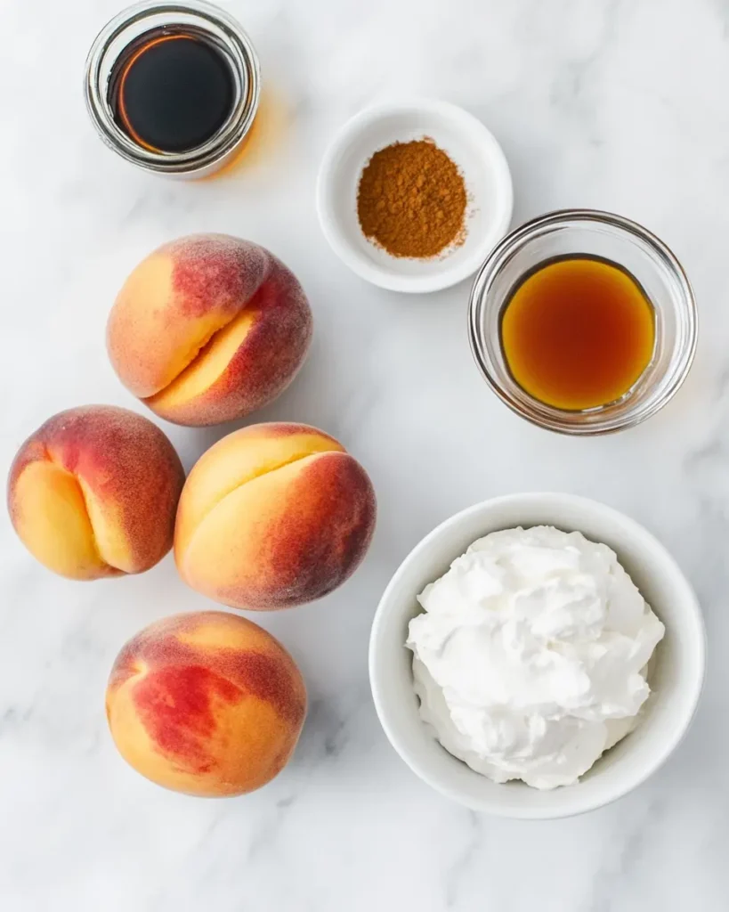 Flat lay of fresh peaches, coconut milk, maple syrup, vanilla extract, and cinnamon on a white marble surface, used for a peaches with whipped cream recipe.
