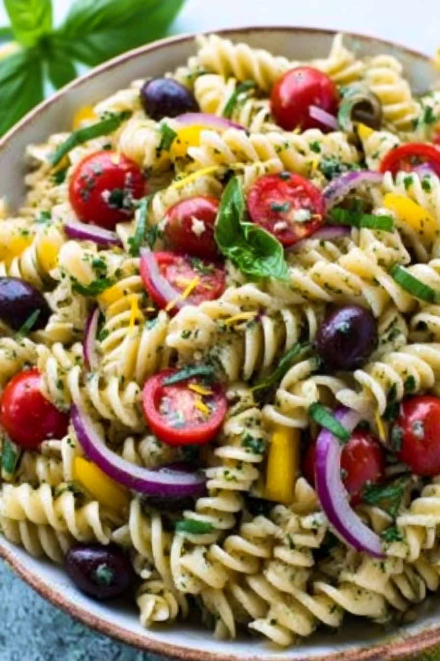 Close-up of a colorful lemon herb Mediterranean pasta salad with rotini pasta, cherry tomatoes, kalamata olives, red onions, yellow bell peppers, and fresh basil in a rustic ceramic bowl