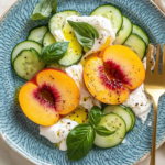 Peach Caprese Salad with Burrata, cucumber ribbons, and basil on a vintage blue plate