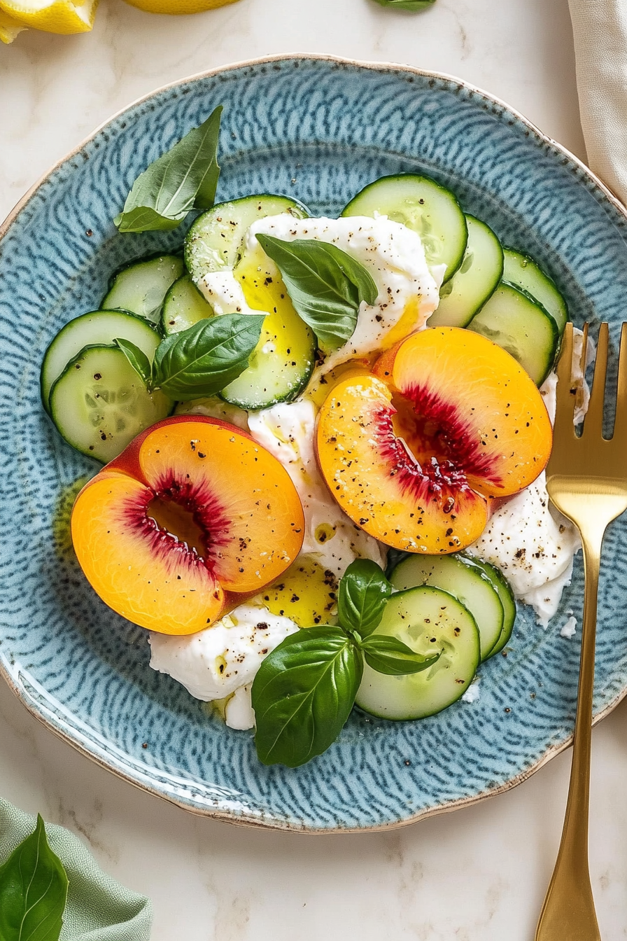 Peach Caprese Salad with Burrata, cucumber ribbons, and basil on a vintage blue plate