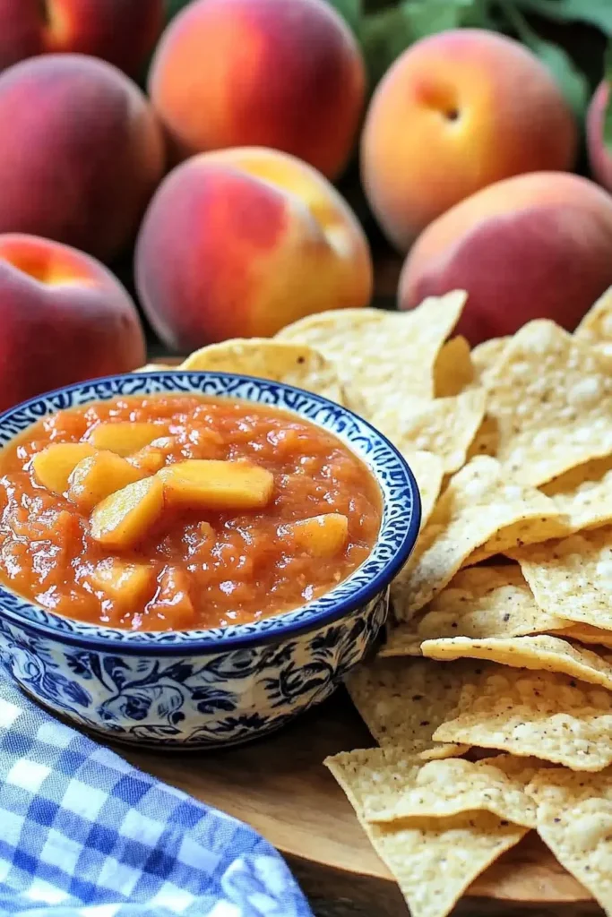 Canned Peach Salsa Recipe: A Sweet & Spicy Summer Staple 5 Bowl of peach salsa surrounded by tortilla chips with fresh peaches in the background