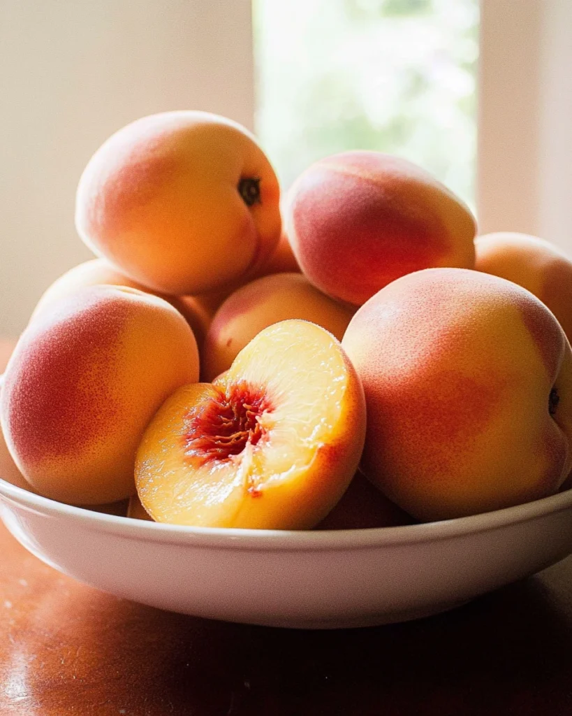 Close-up of ripe yellow peaches with soft skin and vibrant color, displayed on a white marble surface for a fresh ingredient feature.