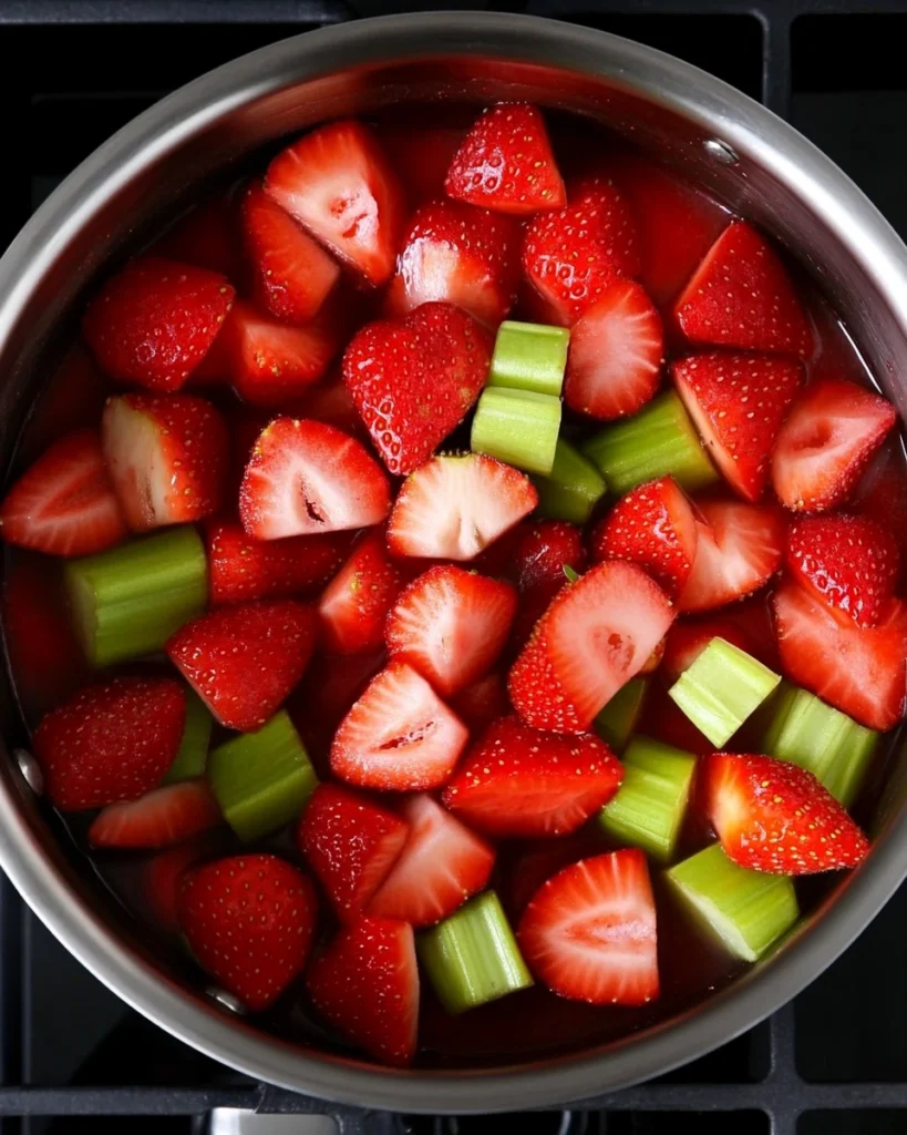 Pot filled with fresh strawberries and chopped rhubarb ready for jam making.