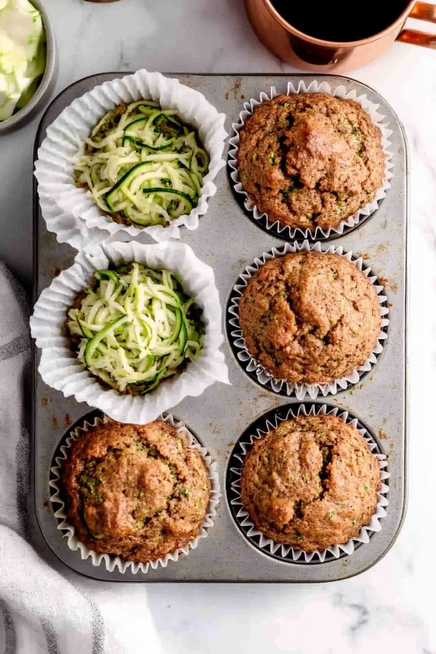Freshly baked zucchini muffins in a muffin tin with grated zucchini on a kitchen counter