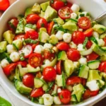 Tomato Cucumber Mozzarella Salad – A Refreshing Summer Delight 7 Fresh tomato cucumber mozzarella salad with cherry tomatoes, mozzarella pearls, ripe avocado, cucumber, and basil in a white bowl on rustic wooden table