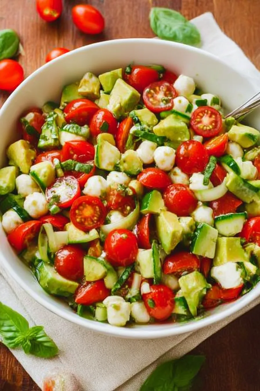 Fresh tomato cucumber mozzarella salad with cherry tomatoes, mozzarella pearls, ripe avocado, cucumber, and basil in a white bowl on rustic wooden table