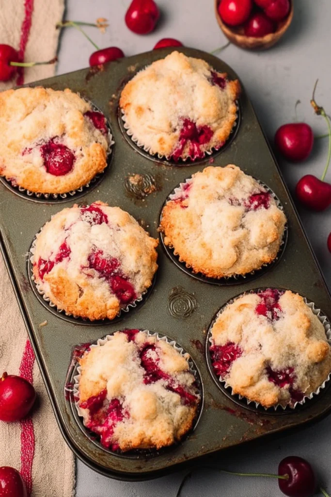 Golden cherry cobbler muffins with juicy red cherry filling in a rustic muffin pan.