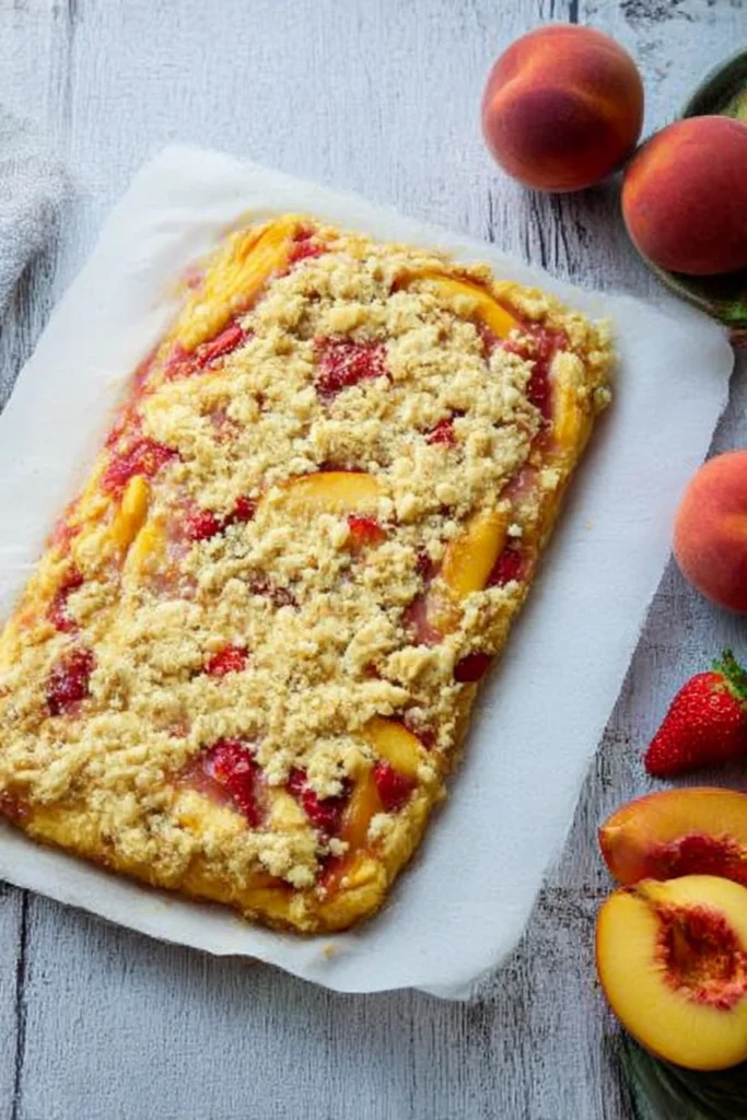 Strawberry Peach Buckle: A Juicy Summer Fruit Cake You’ll Adore 5 Rectangular strawberry peach buckle with crumbly streusel topping on white parchment paper, surrounded by fresh peaches and strawberries on rustic gray wooden table