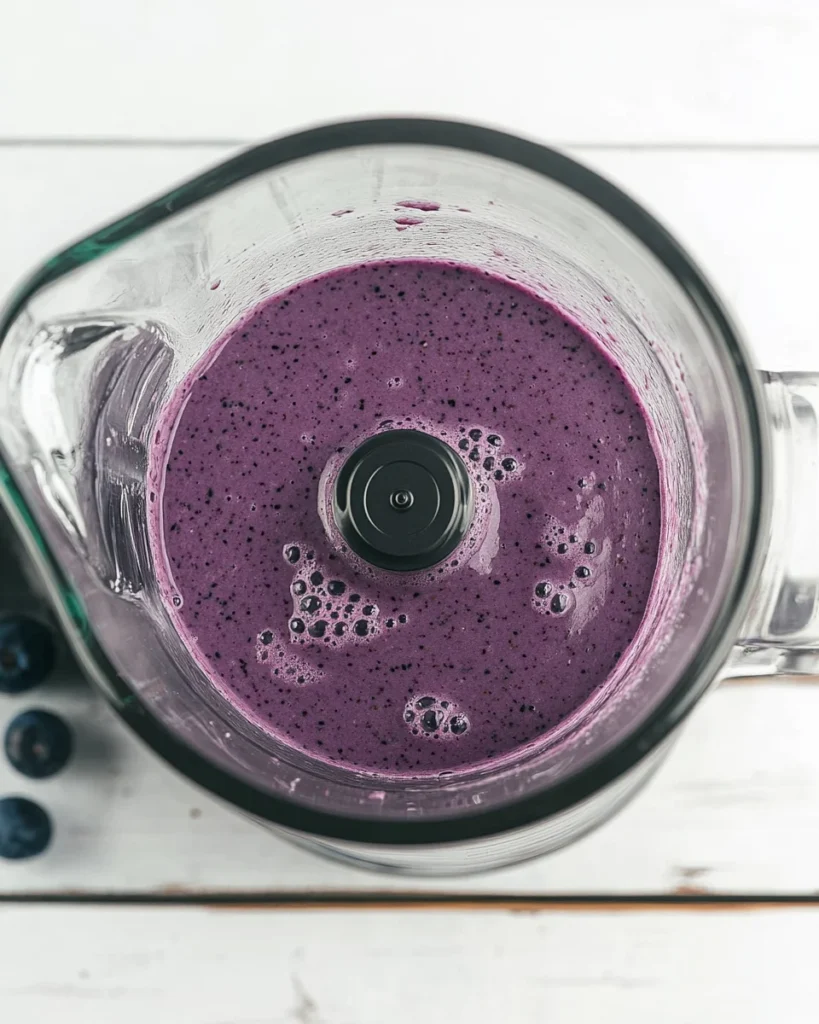 Top-down view of blended berry banana spinach smoothie in a glass blender on a rustic wooden kitchen countertop.