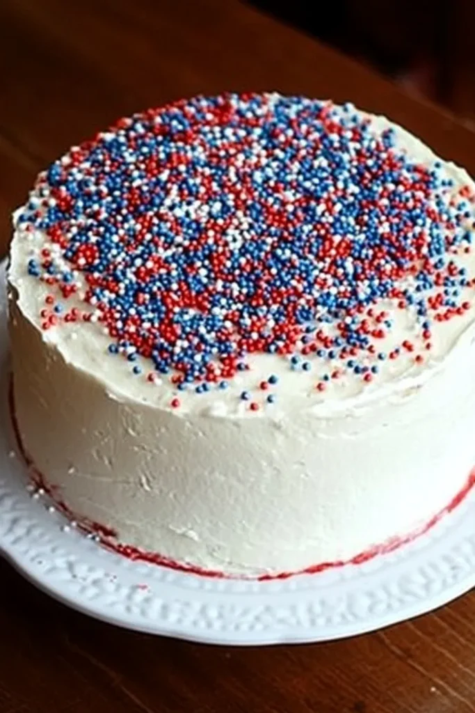 Red White and Blue Cheesecake Cake: A Festive Summer Holiday Delight 6 Fully frosted patriotic cake with thick white cream cheese frosting and red, white, and blue sprinkles on a white ceramic plate on a polished wooden table