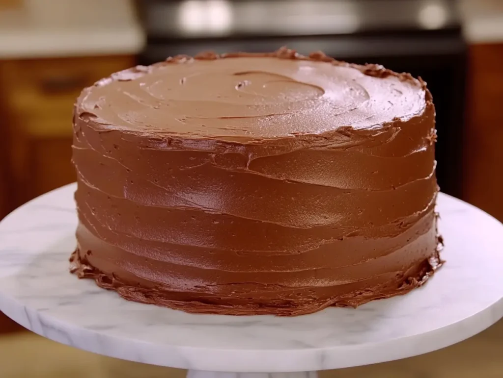 Triple chocolate cake fully frosted with chocolate buttercream on a cake stand