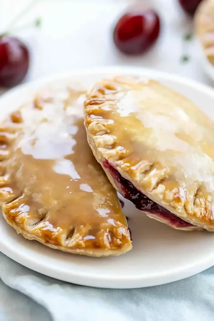 Cherry hand pies with almond glaze on a white dessert plate, served with fresh cherries