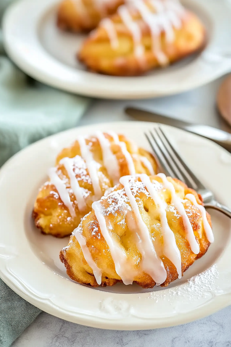 Golden brown peach fritters with powdered sugar glaze on a decorative white plate, showcasing crispy texture and homemade appearance.