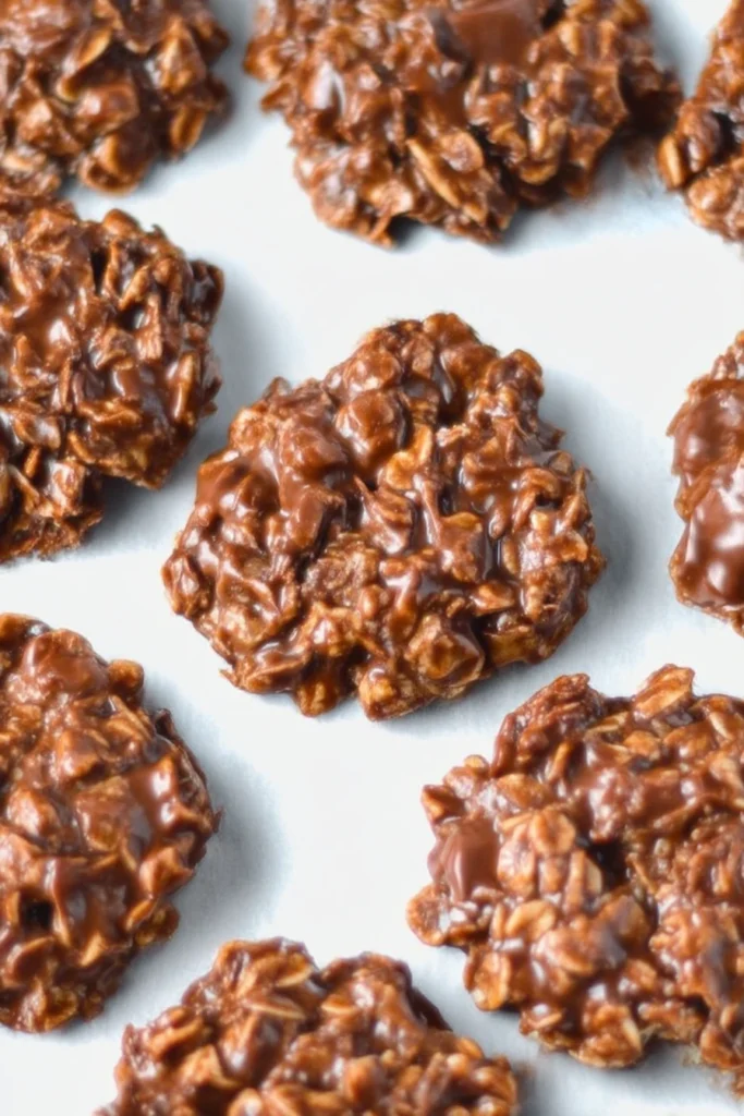 Delicious No Bake Cookies — Easy Recipes for Every Taste 6 Close-up of glossy homemade no bake chocolate oat cookies on white parchment paper with chunky texture.