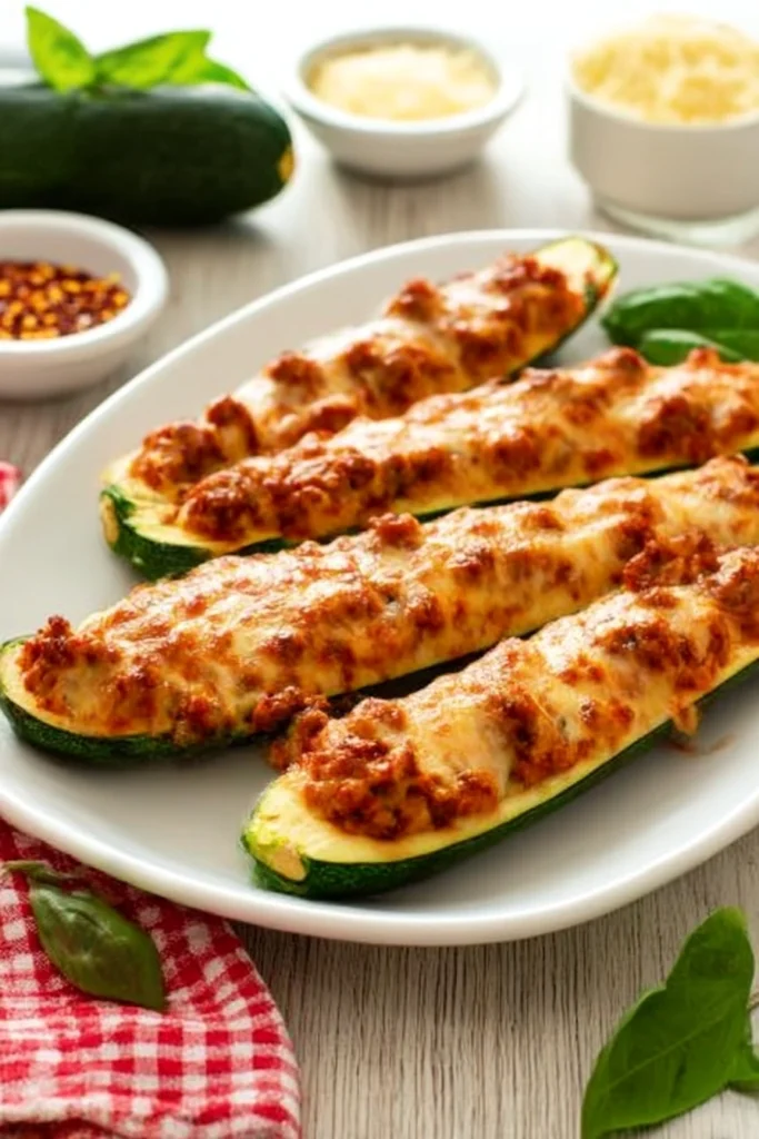 Four baked stuffed zucchini boats topped with melted mozzarella cheese and Italian sausage, garnished with fresh basil on a white ceramic platter.