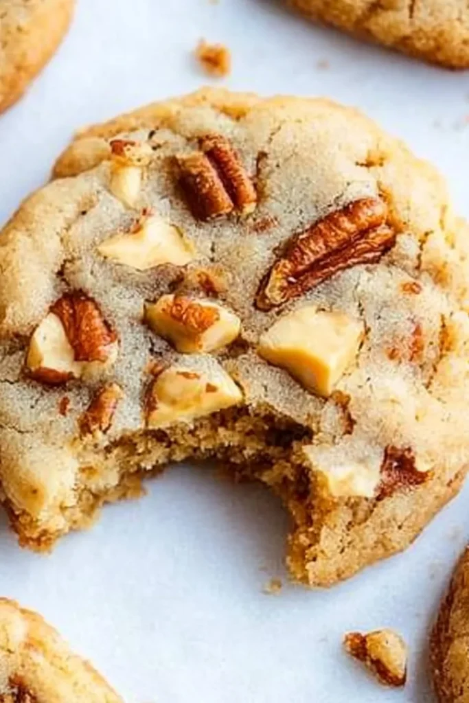 Bitten butter pecan cookie with toasted pecans and golden brown edges on parchment background