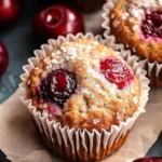 Cherry Banana Muffins – Moist, Easy, and Bursting with Flavor 9 Freshly baked cherry banana muffins with sugar-crusted tops, sitting on parchment paper with fresh cherries around.