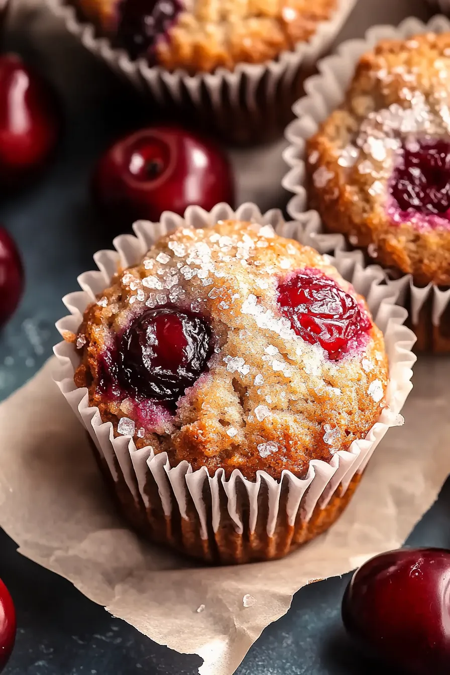 Freshly baked cherry banana muffins with sugar-crusted tops, sitting on parchment paper with fresh cherries around.