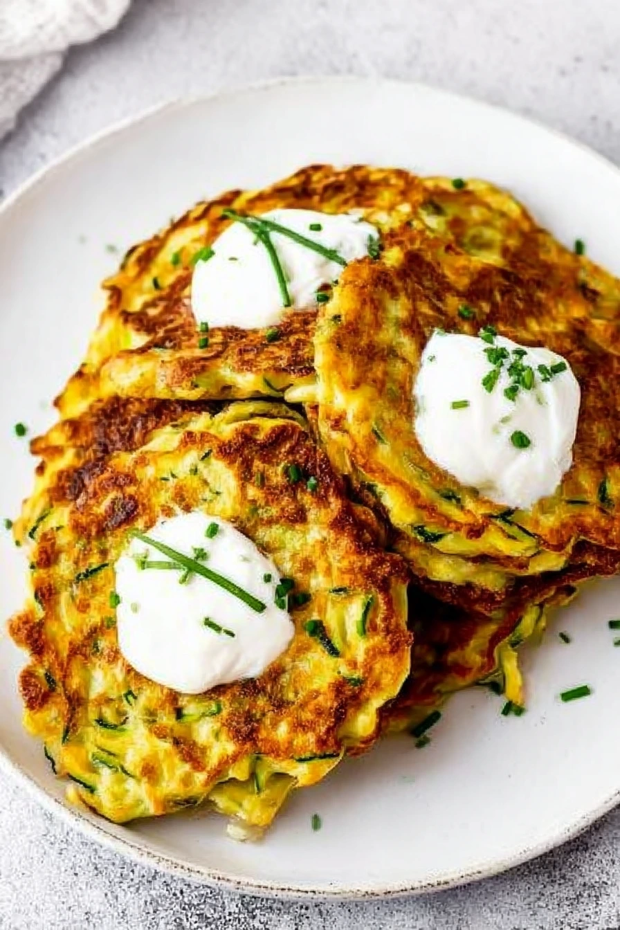 Golden crispy zucchini fritters topped with creamy sour cream and fresh chopped chives on a white ceramic plate, set against a light gray textured surface.