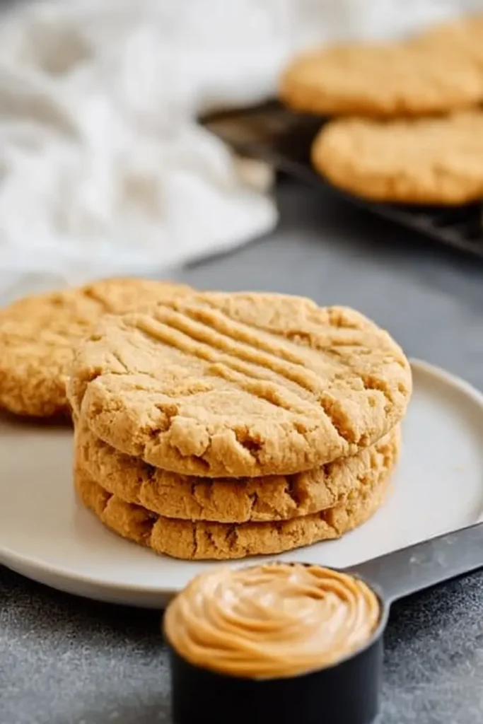 Peanut Butter Cookies Recipe: Easy, Soft & Chewy Classic Treats 6 Close-up of two golden peanut butter cookies with fork marks on a dark ceramic plate next to a measuring cup filled with creamy peanut butter on a gray surface.