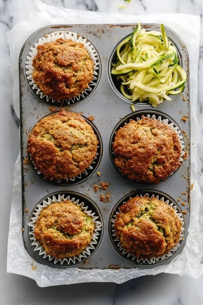 Zucchini Muffins Recipe: Moist, Easy & Perfect for Breakfast 6 Golden zucchini muffins in a muffin tin with one cup filled with spiralized zucchini