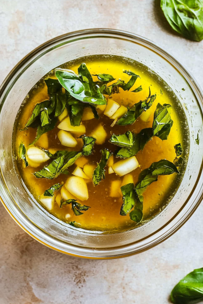 Bowl of homemade vinaigrette with basil and garlic on a kitchen surface