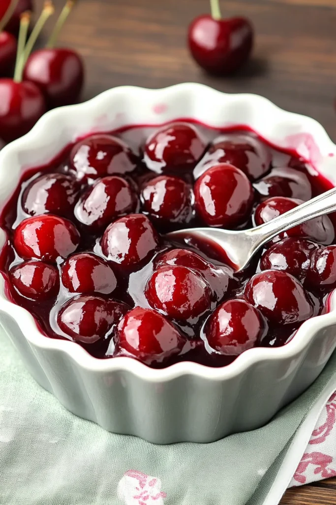 Glossy homemade cherry pie filling in a white fluted bowl with a silver spoon on a rustic table and polka-dot napkin.