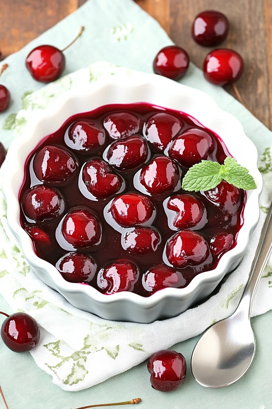 Glossy homemade cherry pie filling in a white bowl on a rustic wooden table with fresh cherries and a polka-dot napkin.