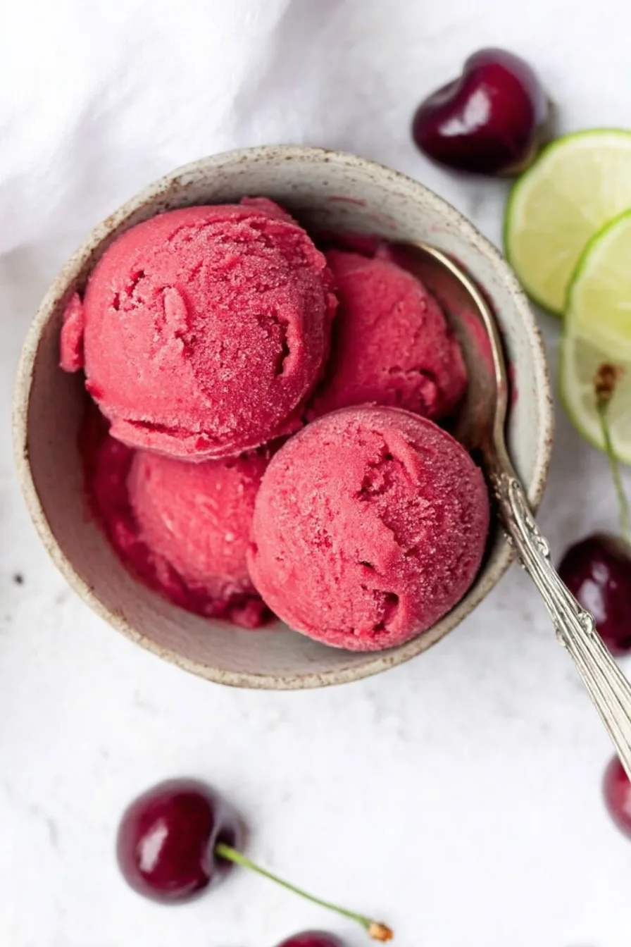 Three scoops of fresh cherry sorbet in a ceramic bowl with spoon and lime garnish