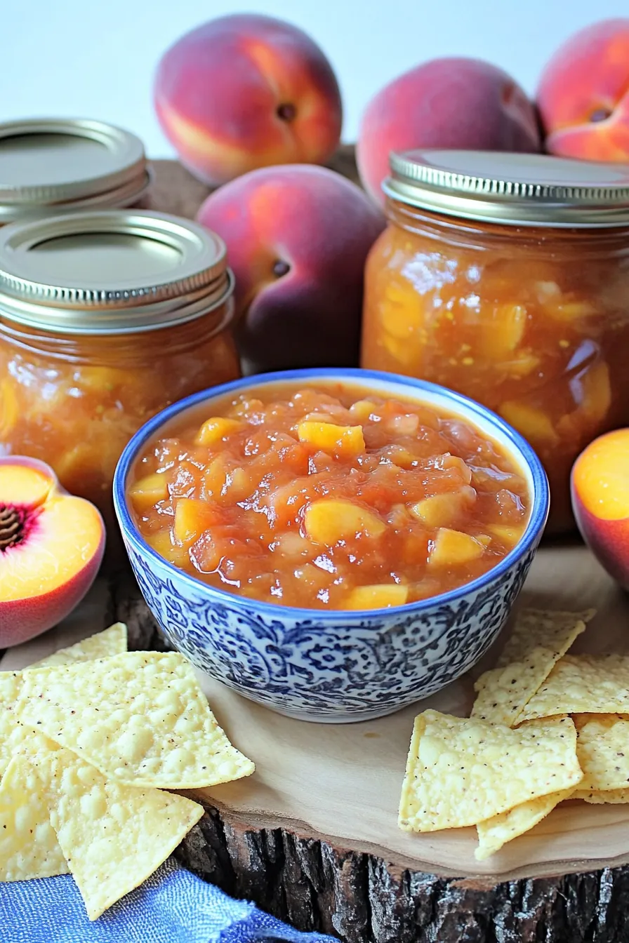 Homemade canned peach salsa in a ceramic bowl surrounded by fresh peaches, tortilla chips, and mason jars on a rustic wood board