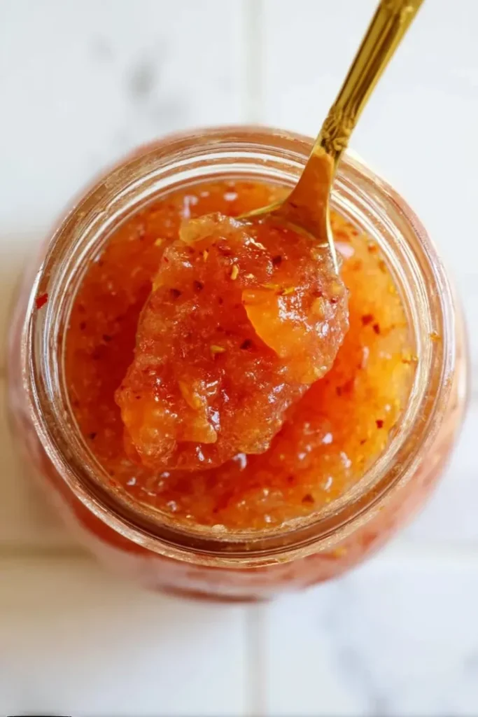 Spiced Peach Jam Recipe: Sweet, Easy & Full of Fall Flavor 4 Thick homemade jam from a spiced peach jam recipe scooped with a golden spoon from a mason jar