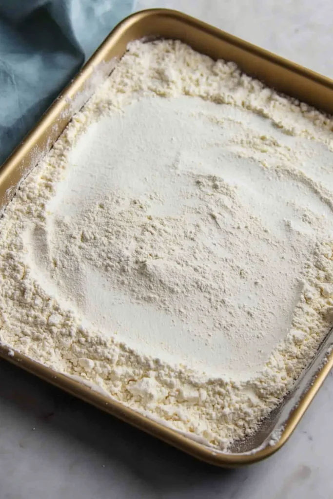 Red White and Blue Funfetti Dip – Easy No-Bake Party Treat 9 Baking tray with white cake mix spread on parchment paper for heat-treating, placed on a clean surface.