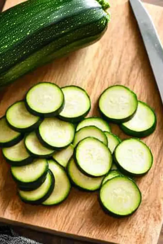 Freshly sliced zucchini on a wooden cutting board with a chef’s knife and a whole zucchini, ready for pan frying.