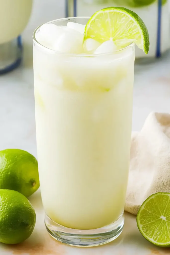 Brazilian Lemonade: Delicious, Creamy & Refreshing Drink 4 Glass of Brazilian Lemonade with ice and lime slices, served on marble with fresh lime halves.