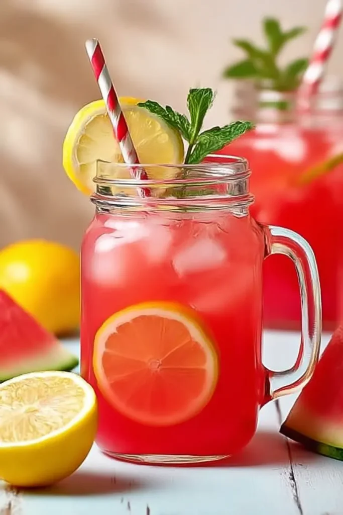 Watermelon Lemonade: Easy & Refreshing Summer Drink Recipe 6 Close-up of a mason jar filled with iced watermelon lemonade garnished with lemon slices and fresh mint, placed on a pastel blue rustic wooden table with watermelon wedges nearby.
