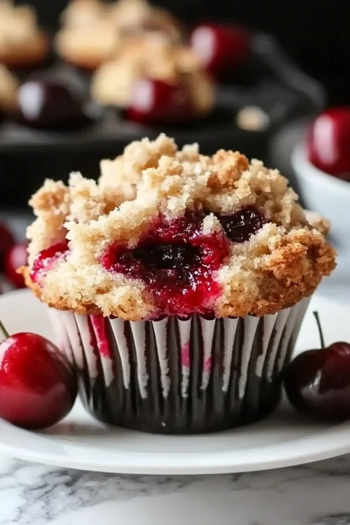 Cherry Cobbler Muffins freshly baked with streusel topping and juicy cherry filling