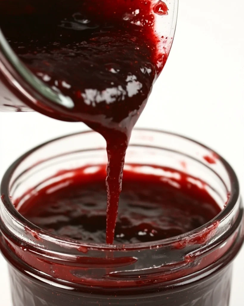 Pouring thick strawberry rhubarb jam into a glass jar for storage.