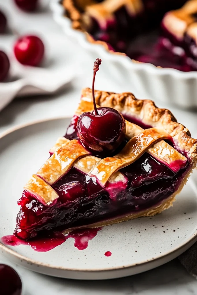A close-up slice of cherry pie with thick cherry filling and golden lattice crust being served from a full pie.