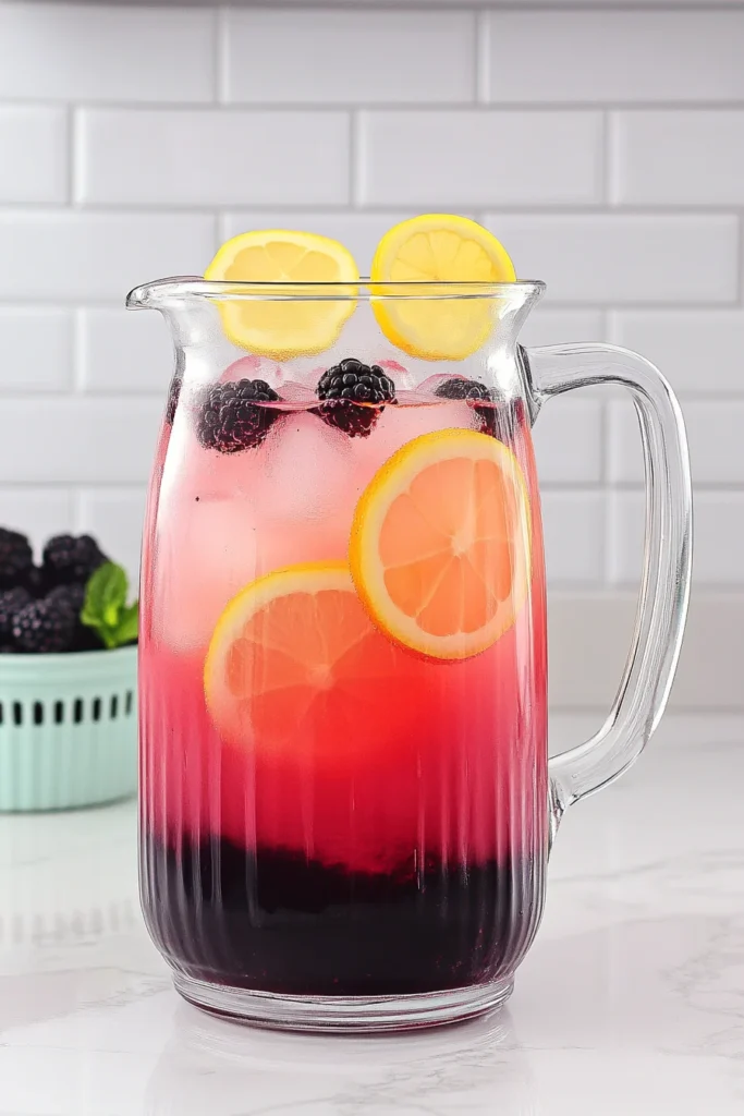 Blackberry Lemonade Recipe: Easy 4-Ingredient Summer Drink 6 Glass pitcher of blackberry lemonade recipe layered with lemon slices and ice on a kitchen counter