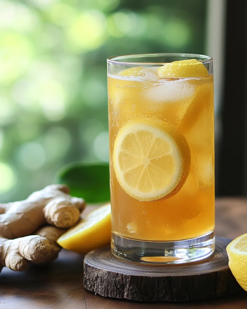 Lemon ACV and Honey Drink: Refreshing Detox Recipe for Energy 9 Tall glass of lemon ACV and honey drink with ginger and lemon slices on a wooden coaster, with natural ingredients in the background