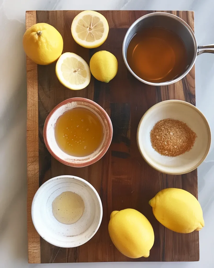 Lemon ACV and Honey Drink: Refreshing Detox Recipe for Energy 10 Flat lay of lemon, apple cider vinegar, and raw honey on wooden board with small bowls and fresh lemon halves