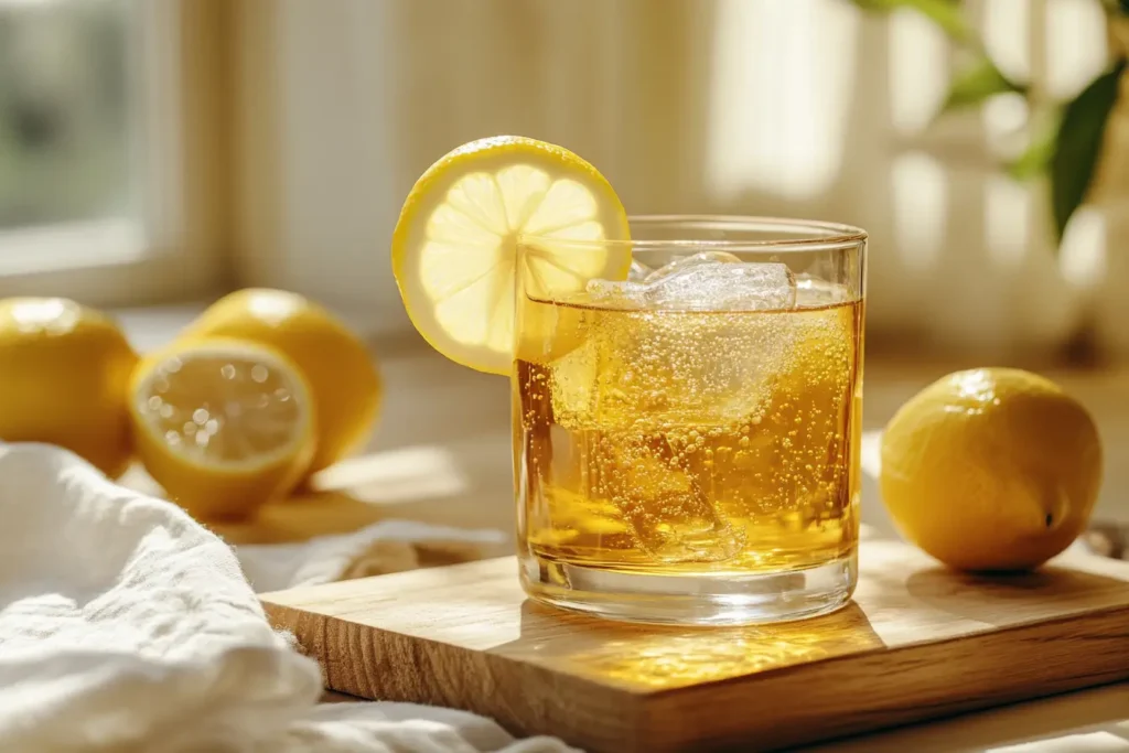 Lemon ACV and honey detox drink in a clear glass with lemon slices and sparkling bubbles