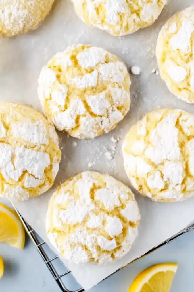 Lemon Crinkle Cookies: A Soft, Citrus Hug in Every Bite 6 Top view of lemon crinkle cookies dusted in powdered sugar on parchment with fresh lemon wedges on a rustic blue surface