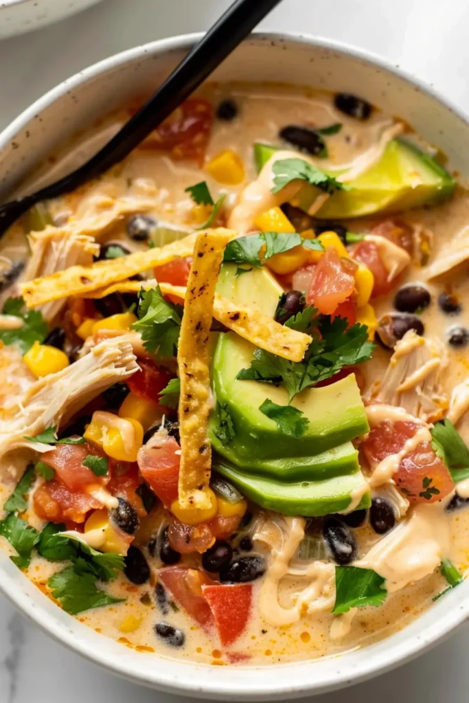 Chicken Taco Soup – Easy Weeknight Dinner Recipe 4 Bowl of creamy chicken taco soup with avocado, black beans, corn, tomatoes, and crispy tortilla strips
